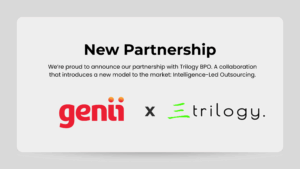 Genii Analytics and Trilogy BPO partnership announcement graphic. The heading reads ‘New Partnership’ with a subtext introducing their collaboration on Intelligence Led Outsourcing. Genii and Trilogy logos appear side by side with an ‘x’ between them on a light grey background.